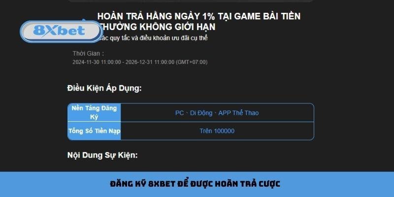 Đăng ký 8xbet để được hoàn trả cược